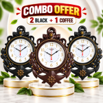 Premium decorative wall clock combo featuring 2 black and 1 coffee wall clocks, 18-inch height and 14-inch width, elegant gold detailing, large clear dial, and stylish design for home, bedroom, drawing room and office decor