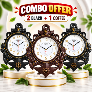 Premium decorative wall clock combo featuring 2 black and 1 coffee wall clocks, 18-inch height and 14-inch width, elegant gold detailing, large clear dial, and stylish design for home, bedroom, drawing room and office decor